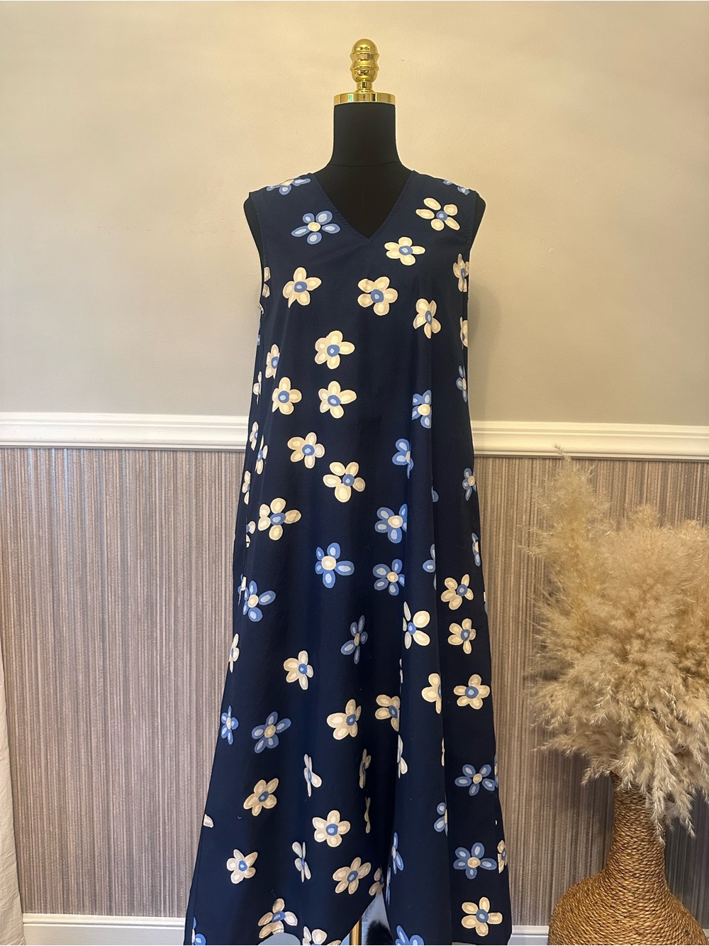 Marimekko x Uniqlo Floral Sleeveless Midi Dress Navy Blue 100% Cotton Size XS